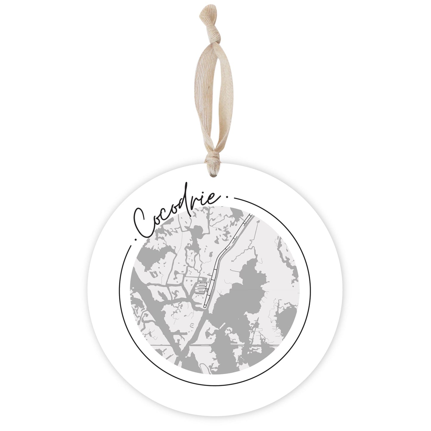 Minimalist B&W Louisiana Cocodrie Circle Map | Wood Ornament | Eaches | Min 1