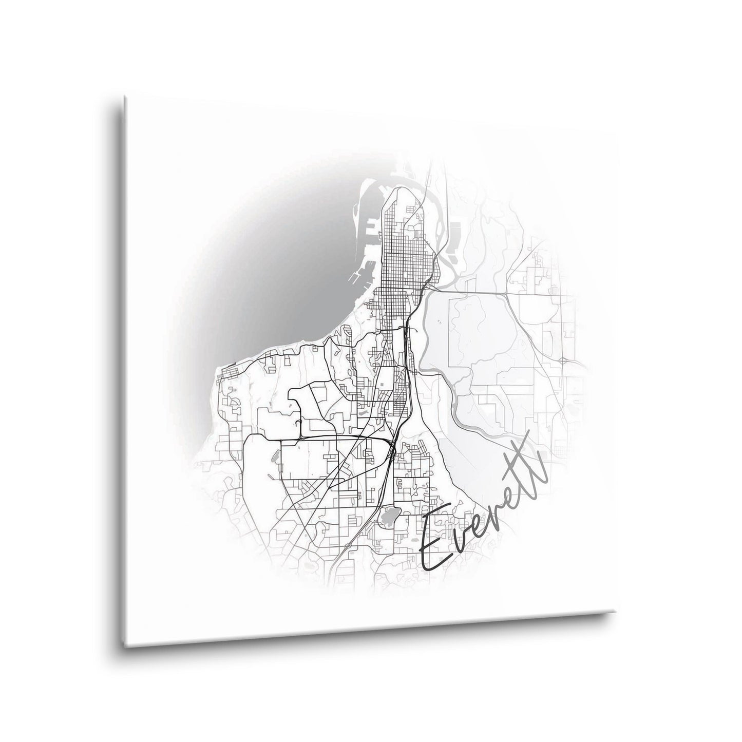 Minimalistic B&W Washington Everett Circle Map | Hi-Def Glass Art | Eaches | Min 2