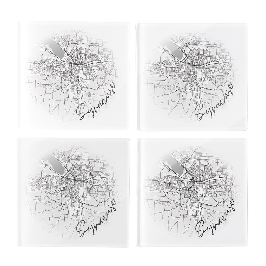 Minimalistic B&W New York Syracuse Faded Circle Map | Hi-Def Glass Coasters | Set of 4 | Min 2