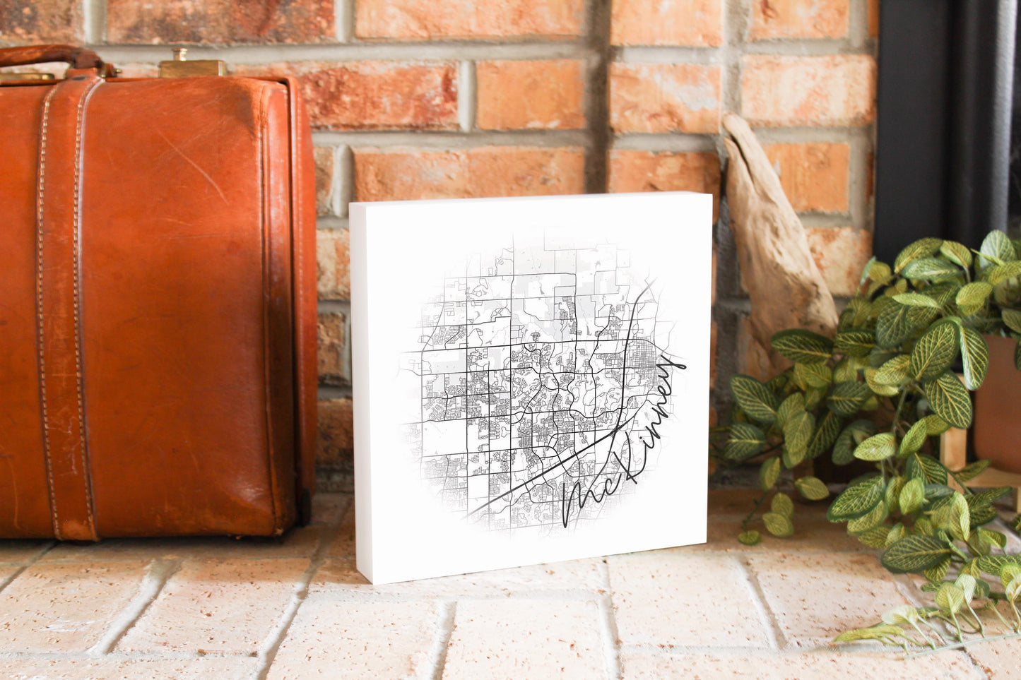 Minimalistic B&W Texas Mckinney Circle Map | Wood Block | Eaches | Min 2