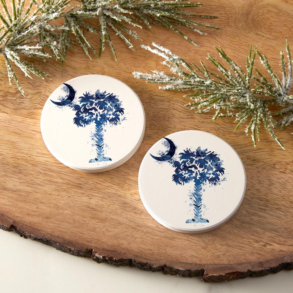 South Carolina Blue Water Color Palm Trees On White | Absorbent Car Coasters | Set of 2 | Min 4