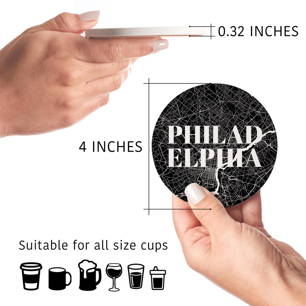 Minimalistic B&W Pennsylvania Philadelphia Map | Absorbent Coasters | Set of 4 | Min 2