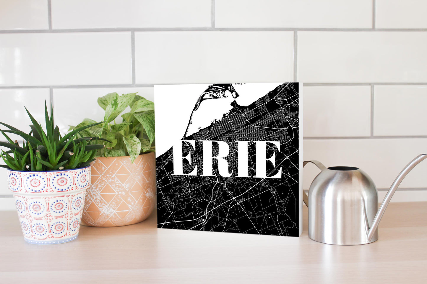 Minimalistic B&W Pennsylvania Erie Map | Wood Block | Eaches | Min 2