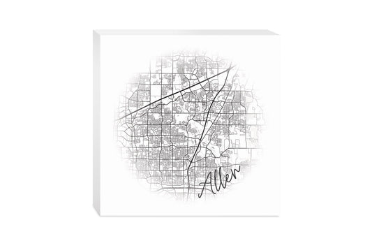 Minimalistic B&W Texas Allen Circle Map | Wood Block | Eaches | Min 2
