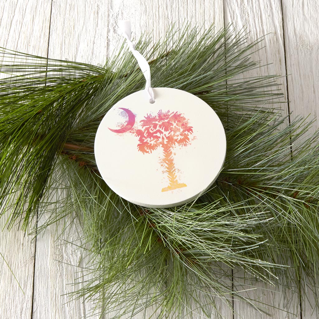 South Carolina Pink Water Color Palm Trees On White | Wood Ornament | Eaches | Min 6