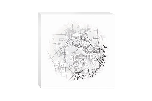 Minimalistic B&W Texas The Woodlands Circle Map | Wood Block | Eaches | Min 2