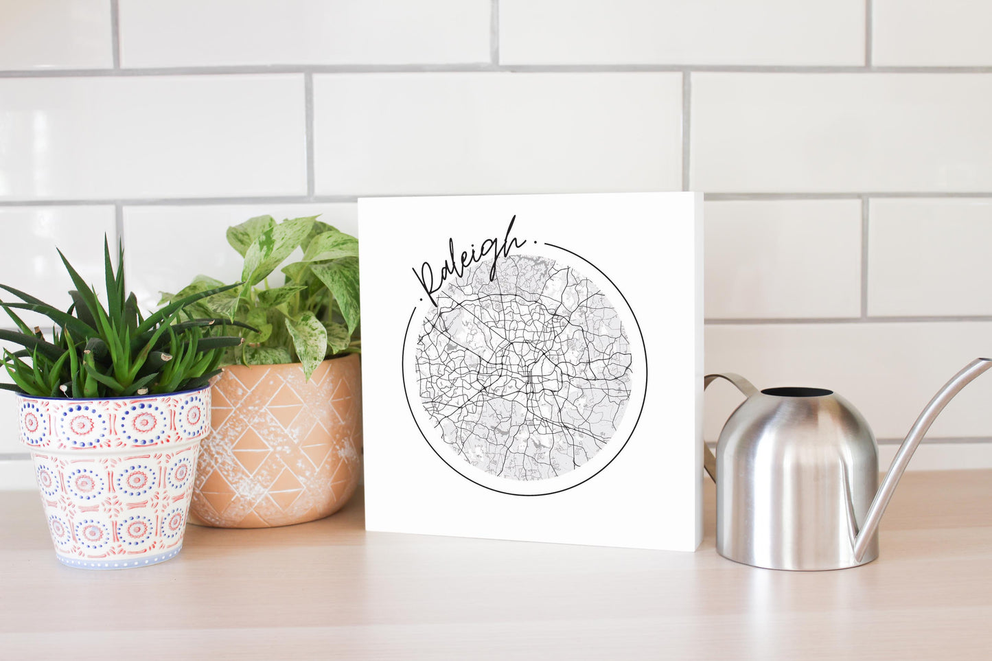 Minimalistic B&W North Carolina Raleigh Circle Map | Wood Block | Eaches | Min 2