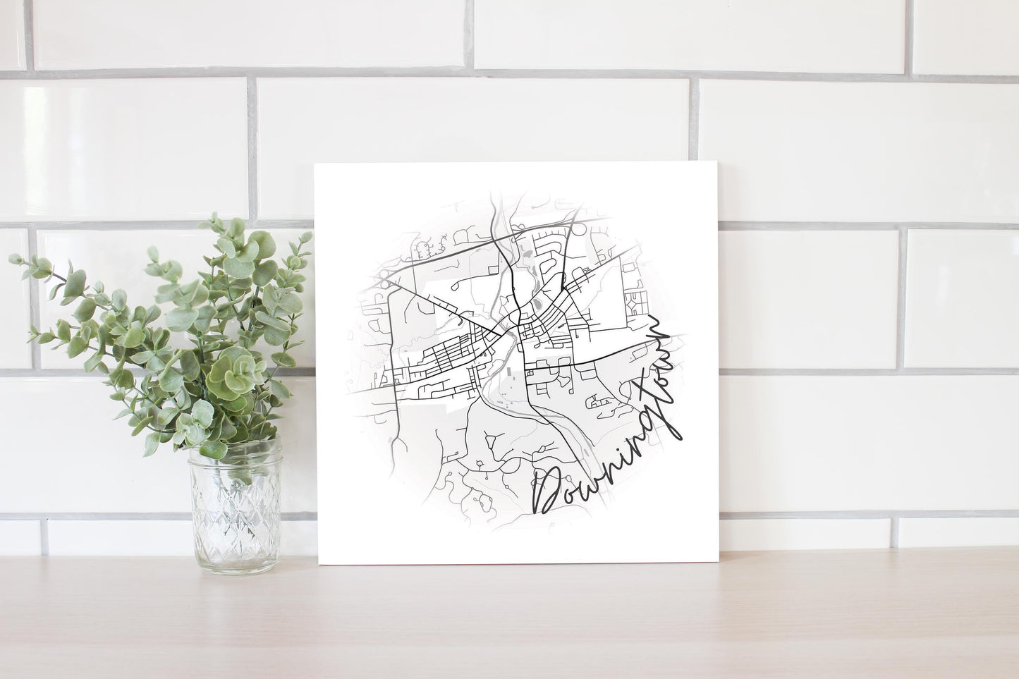 Minimalistic B&W Pennsylvania Downingtown Circle Map | Wood Sign | Eaches | Min 2