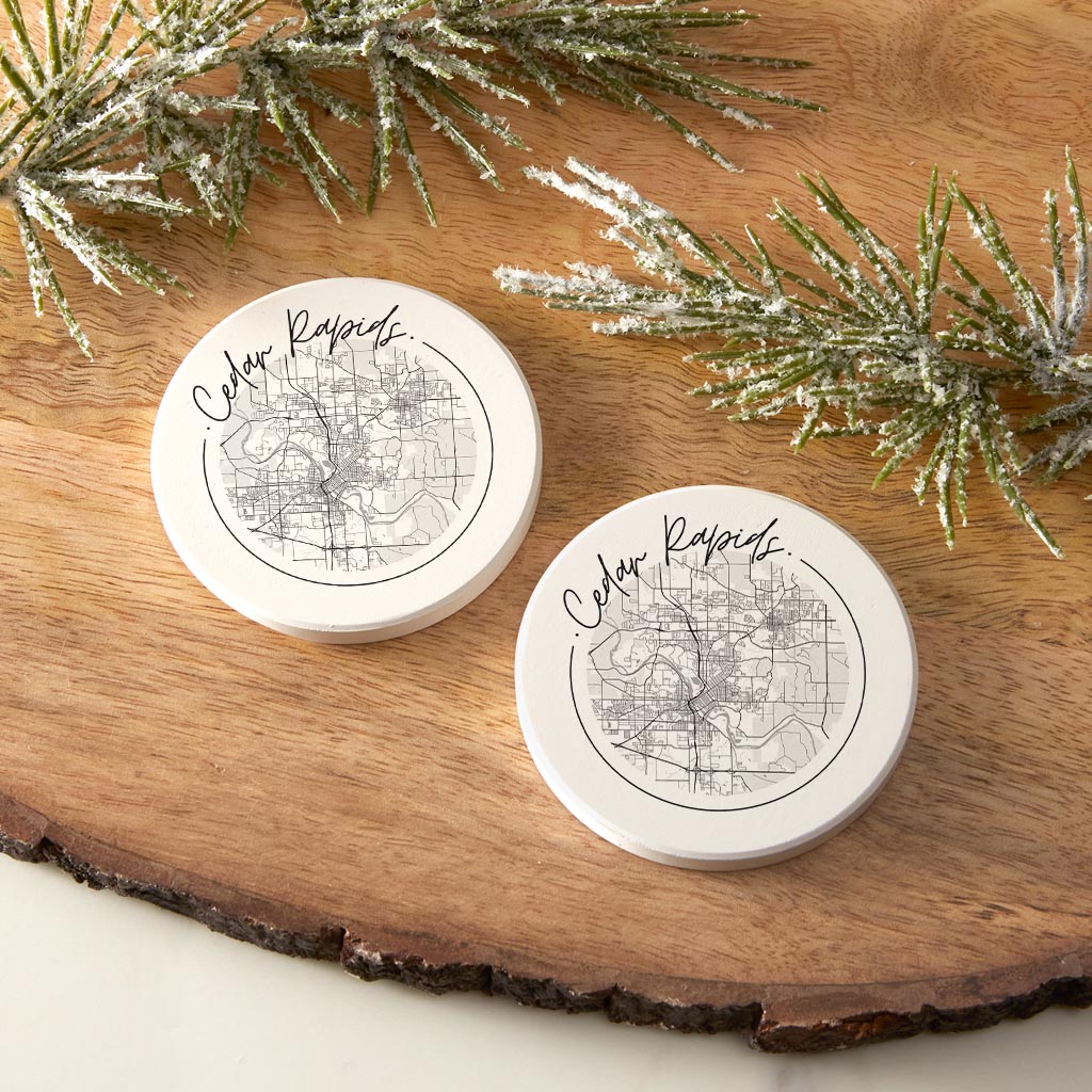 Minimalistic B&W Iowa Cedar Rapids Circle Map | Absorbent Car Coasters | Set of 2 | Min 4