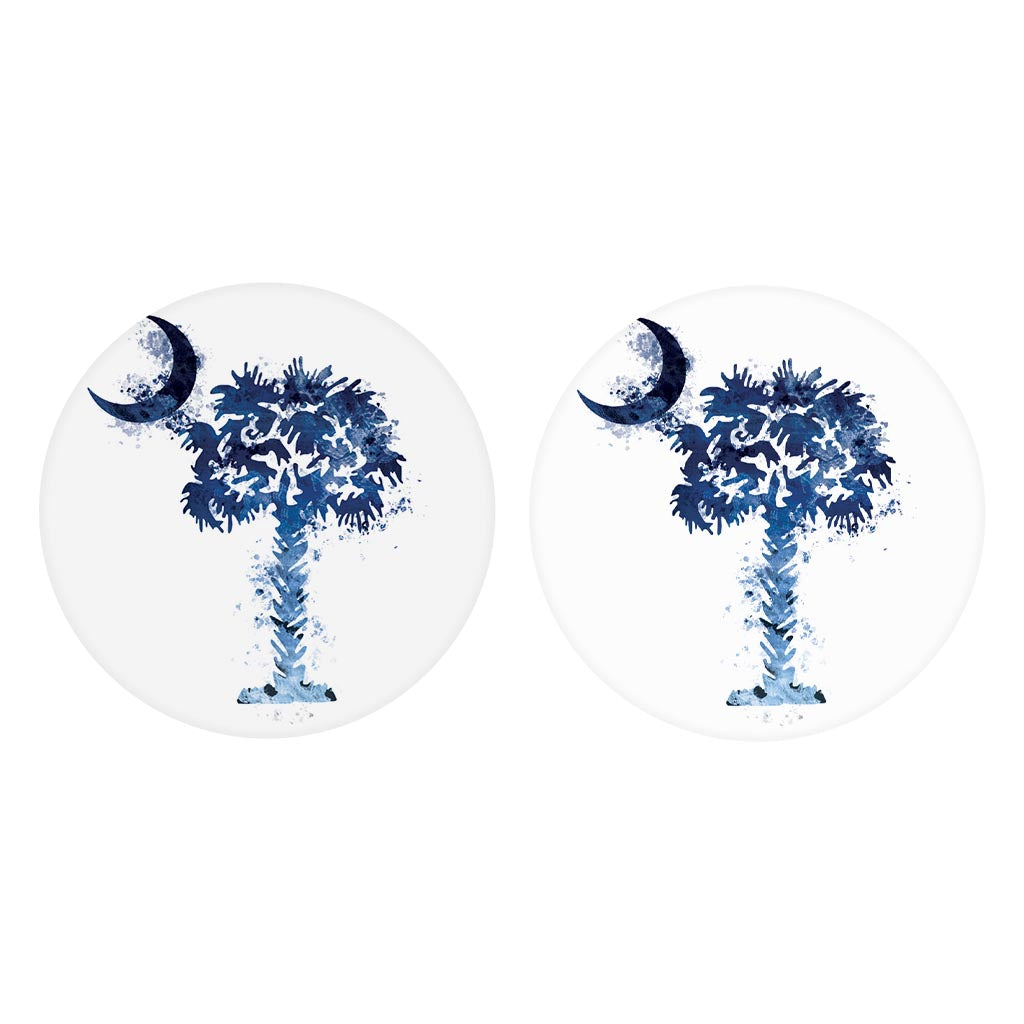 South Carolina Blue Water Color Palm Trees On White | Absorbent Car Coasters | Set of 2 | Min 4