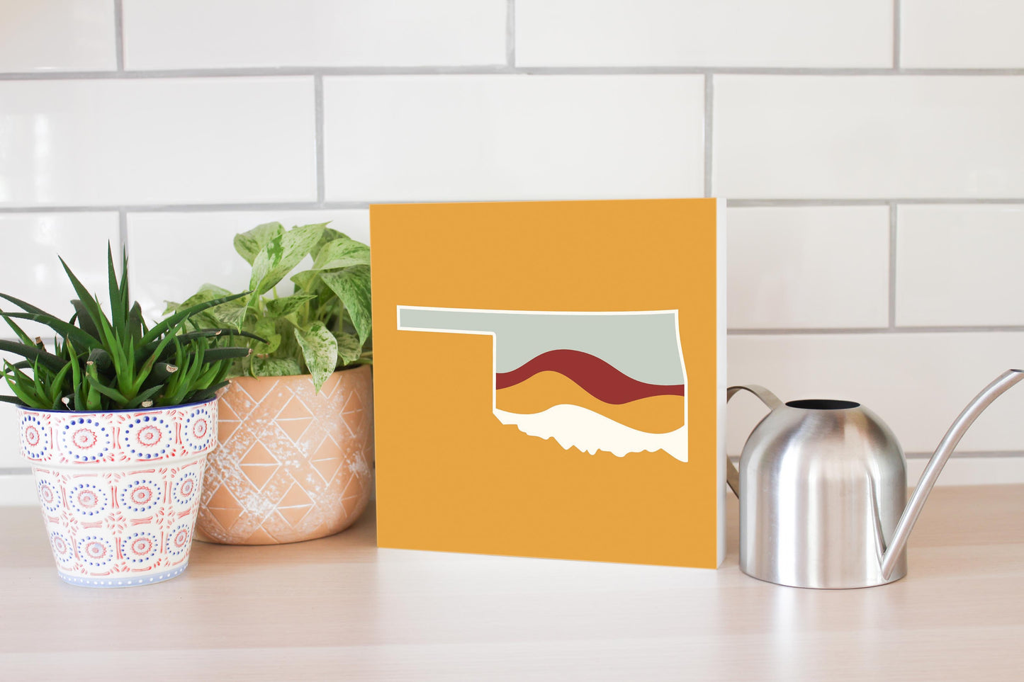 Modern Minimalist Oklahoma Orange Retro State Shape With Hills | Wood Block | Eaches | Min 2