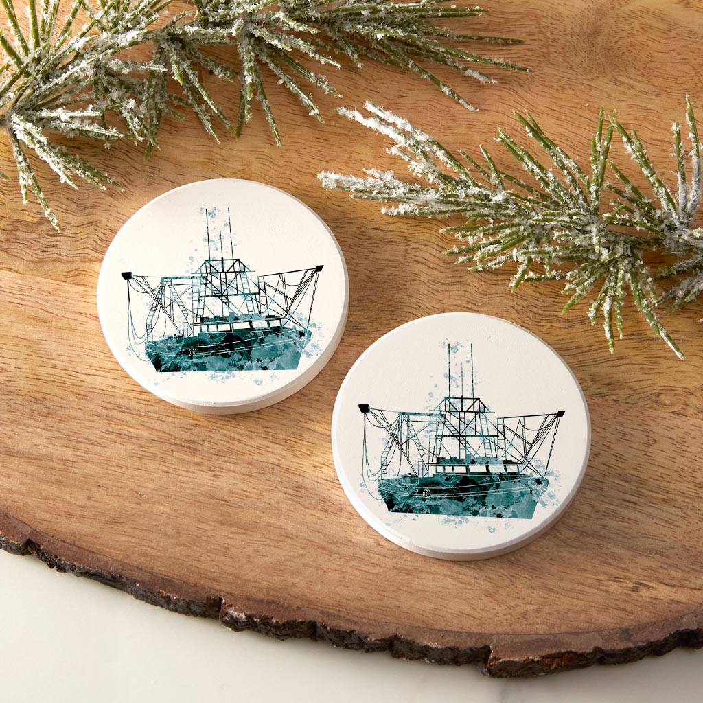 Blue White Water Color Shrimp Boat | Absorbent Car Coasters | Set of 2 | Min 4