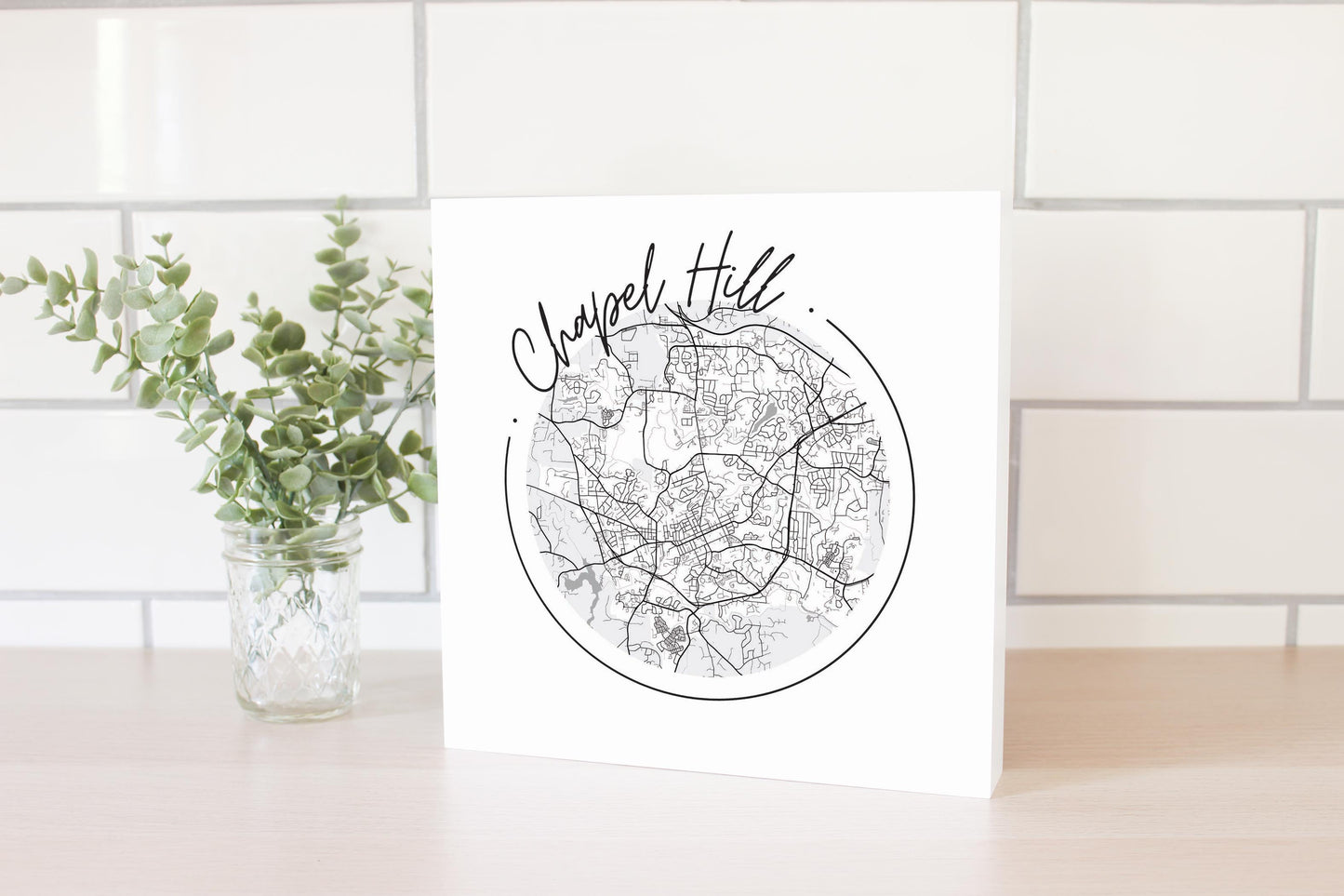 Minimalistic B&W North Carolina Chapel Hill Circle Map | Wood Block | Eaches | Min 2