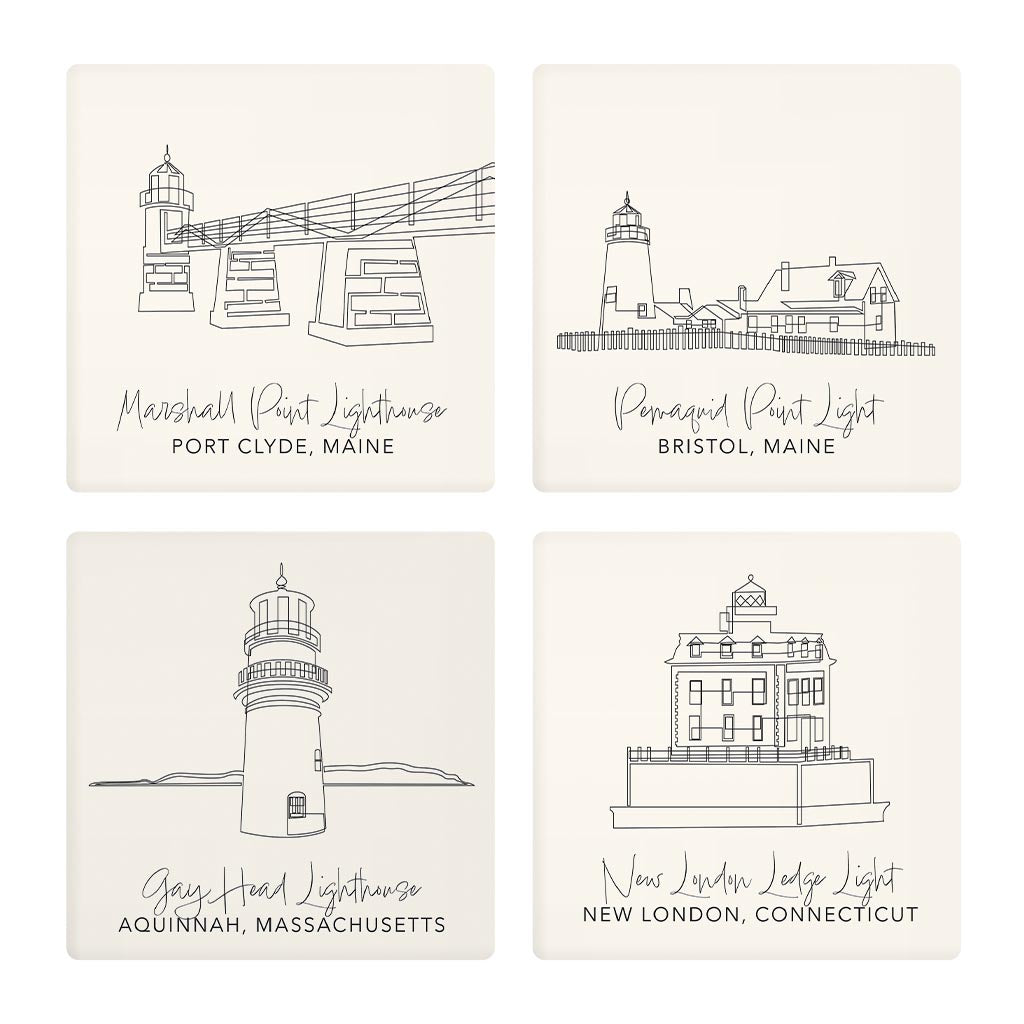 New England Lighthouses Cream Colored | Absorbent Coasters | Set of 4 | Min 2