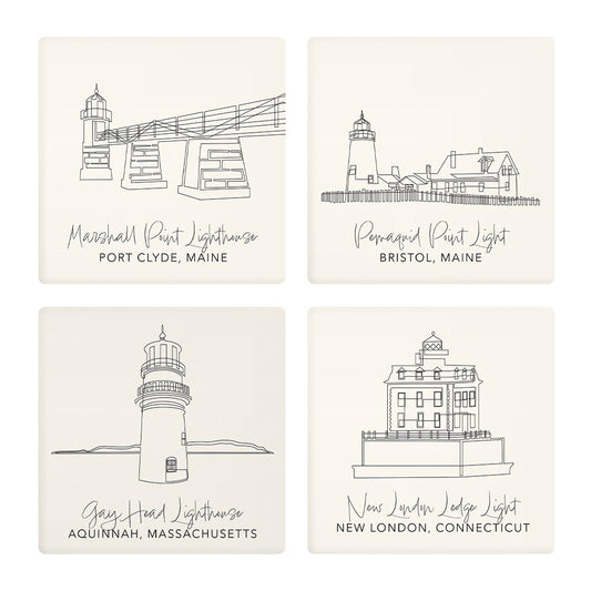 New England Lighthouses Cream Colored | Absorbent Coasters | Set of 4 | Min 2