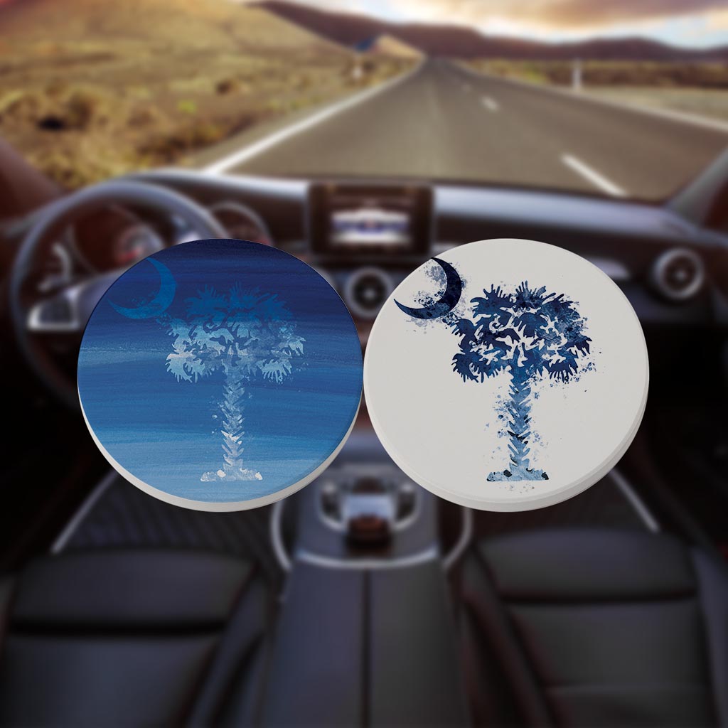 South Carolina Water Color Palm Trees Blue| Absorbent Car Coasters | Set of 2 | Min 4