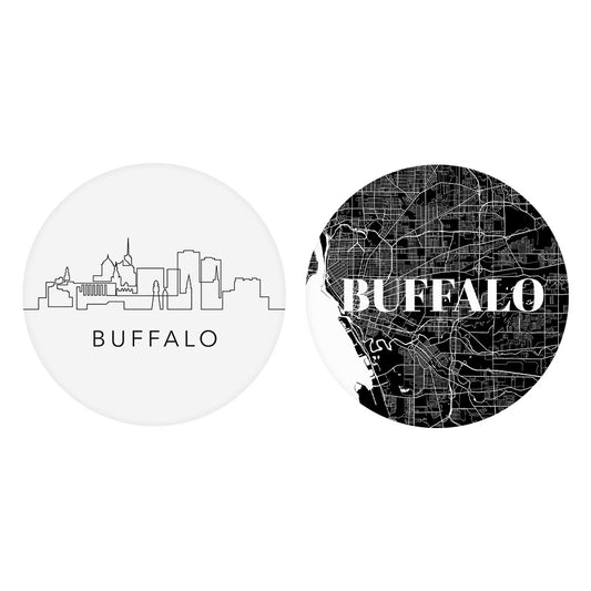 Minimalistic B&W New York Buffalo Map Skyline| Absorbent Car Coasters | Set of 2 | Min 4