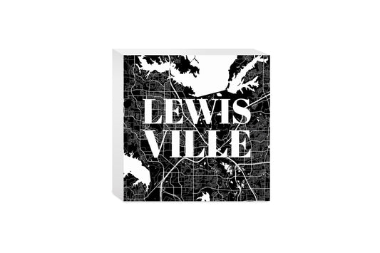 Minimalistic B&W Texas Lewisville Map | Wood Block | Eaches | Min 4
