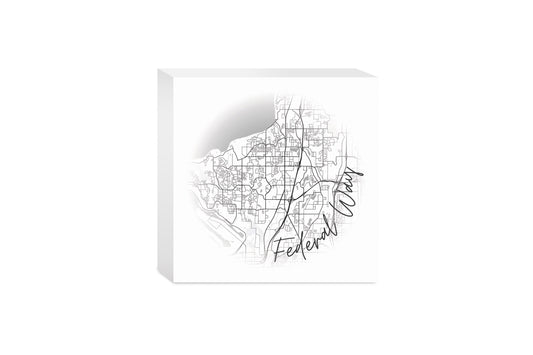 Minimalistic B&W Washington Federal Way Circle Map | Wood Block | Eaches | Min 4