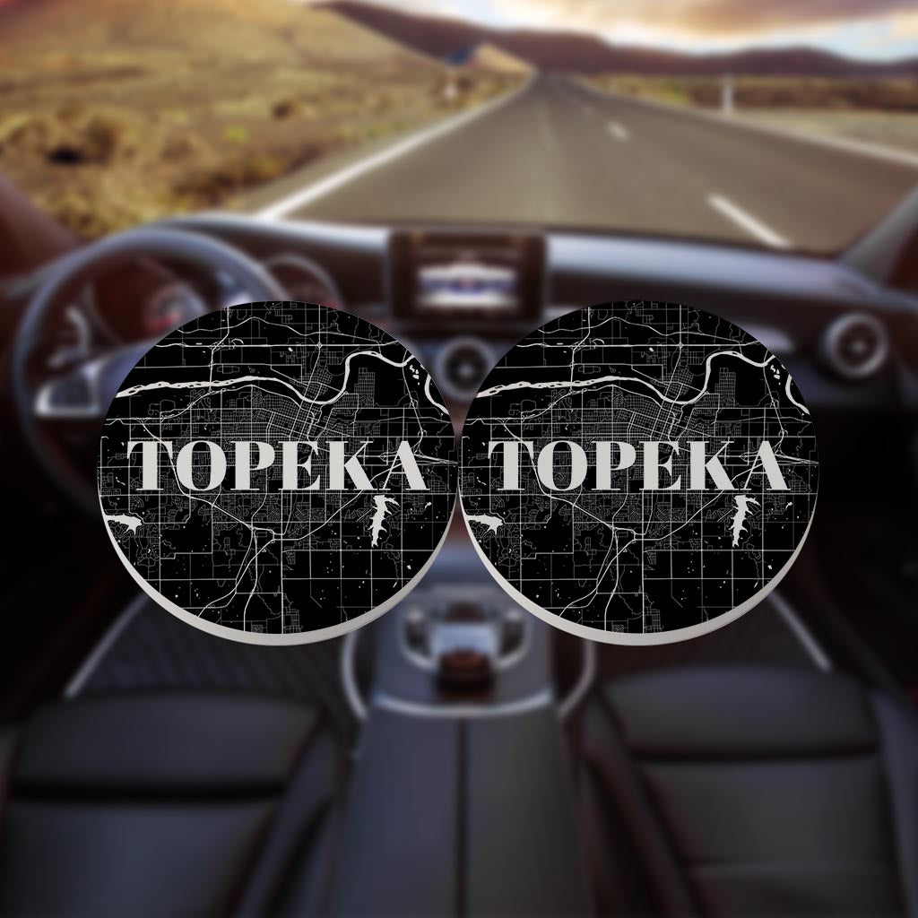 Minimalist B&W Kansas Topeka Map | Absorbent Car Coasters | Set of 2 | Min 4