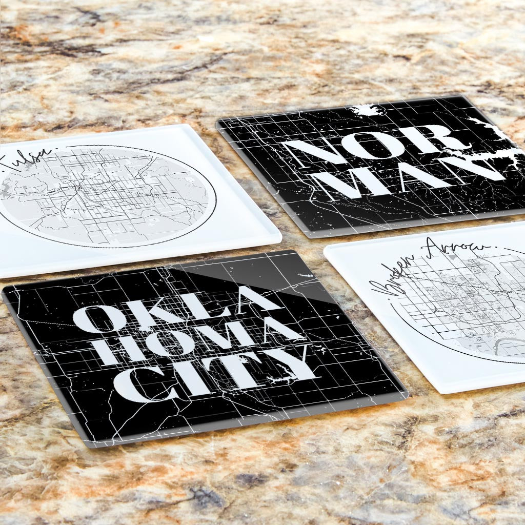 Modern Black White Oklahoma Set | Hi-Def Glass Coasters | Set of 4 | Min 2