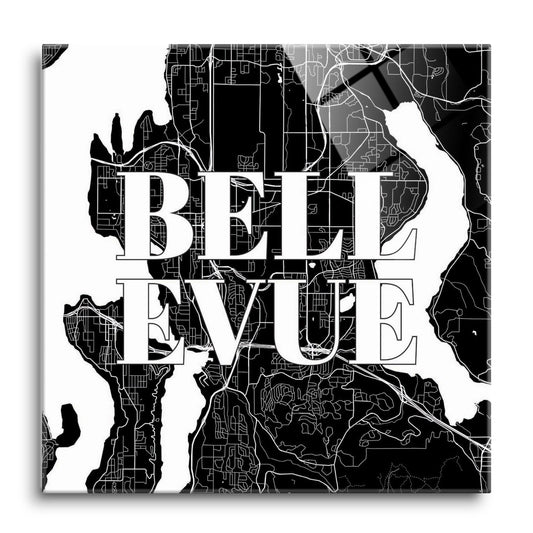 Minimalistic B&W Washington Bellevue Map | Hi-Def Glass Art | Eaches | Min 1