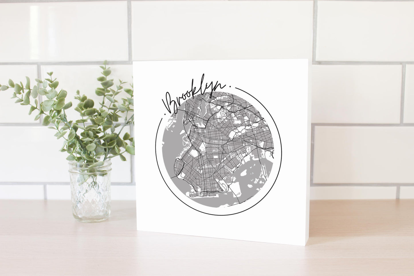 Minimalistic B&W New York Brooklyn Circle Map | Wood Block | Eaches | Min 2
