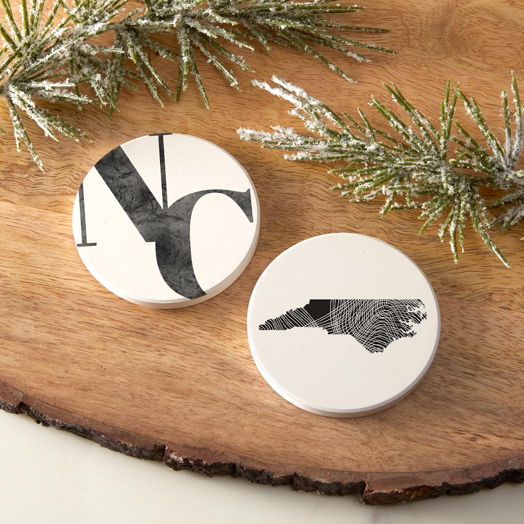 Minimalistic B&W North Carolina White Initials State Shape| Absorbent Car Coasters | Set of 2 | Min 4