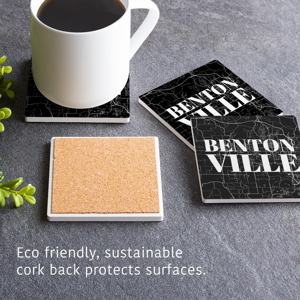 Minimalist B&W Arkansas Bentonville Map | Absorbent Coasters | Set of 4 | Min 2