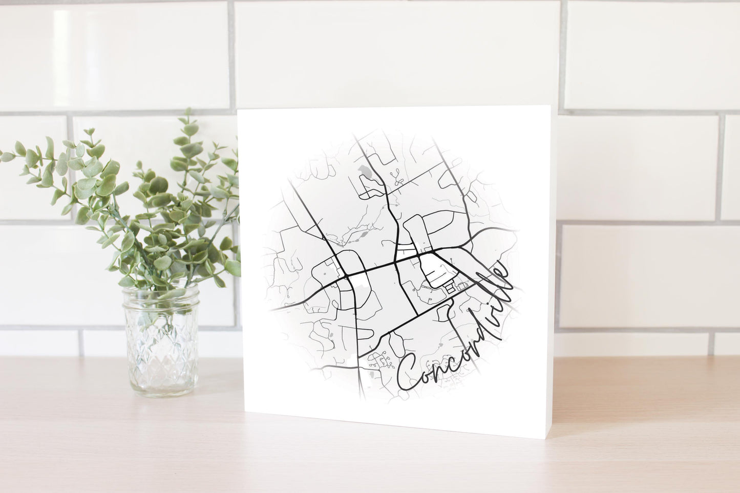 Minimalistic B&W Pennsylvania Concordville Circle Map | Wood Block | Eaches | Min 2