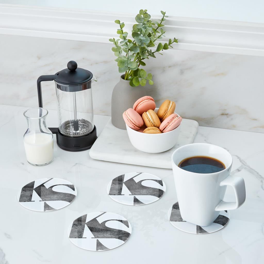Minimalist B&W Kansas White Initials | Hi-Def Glass Coasters | Set of 4 | Min 2