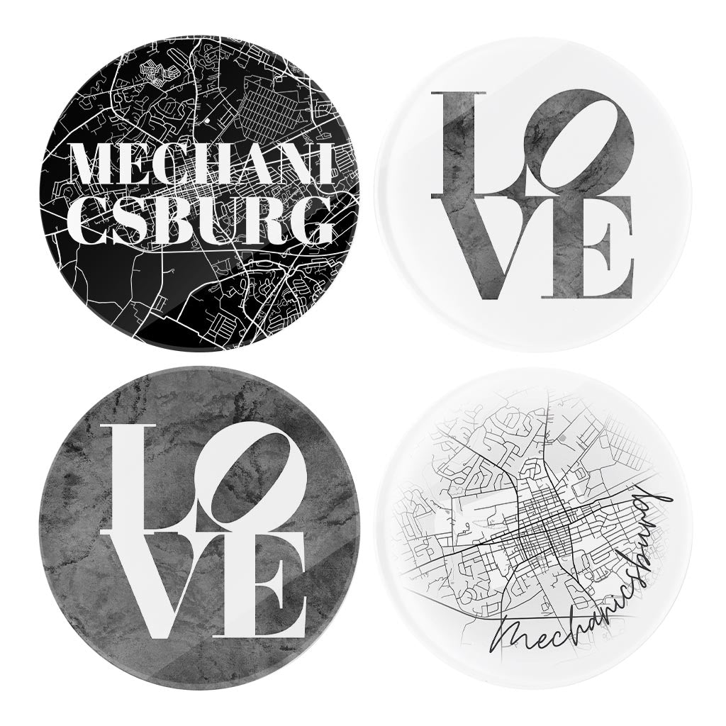 Minimalistic B&W Pennsylvania Mechanicsburg Maps Love | Hi-Def Glass Coasters | Set of 4 | Min 2