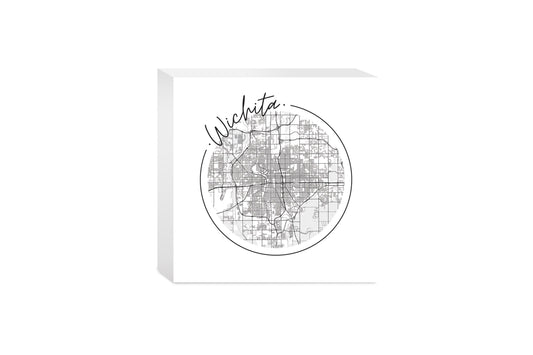 Minimalist B&W Kansas Wichita Circle Map | Wood Block | Eaches | Min 4