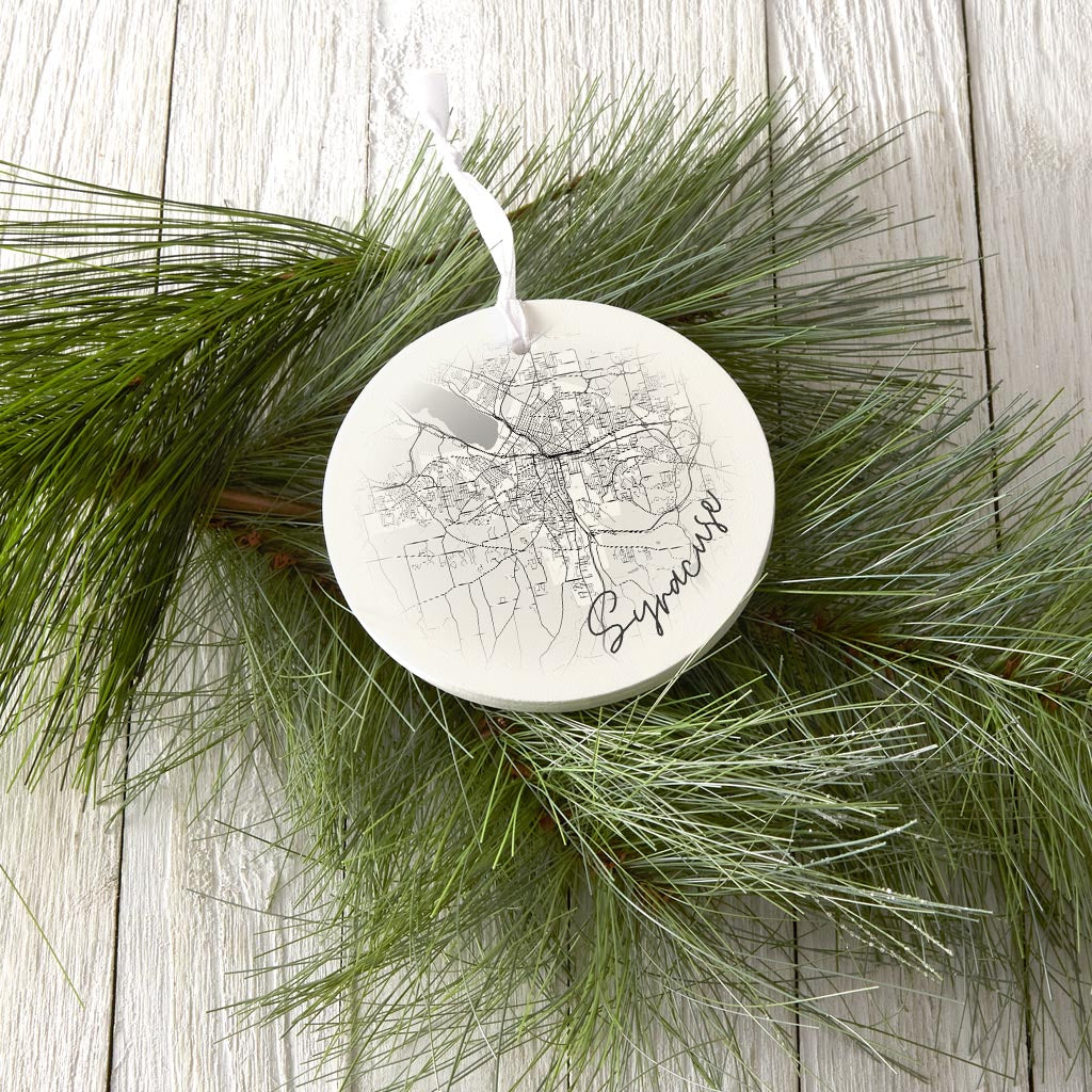 Minimalistic B&W New York Syracuse Faded Circle Map | Wood Ornament | Eaches | Min 6