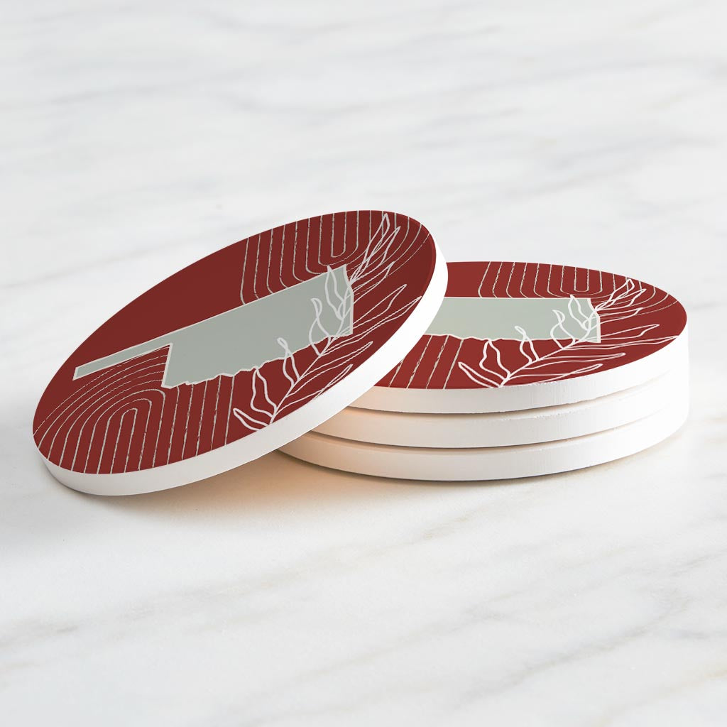 Modern Minimalist Oklahoma State Shape With Leaf | Absorbent Coasters | Set of 4 | Min 2