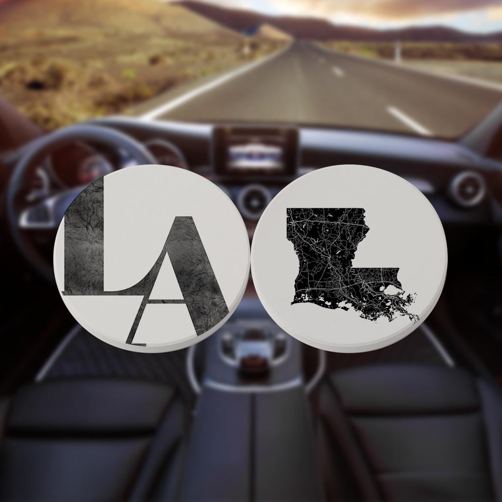 Modern Black White Louisiana Set | Absorbent Car Coasters | Set of 2 | Min 4