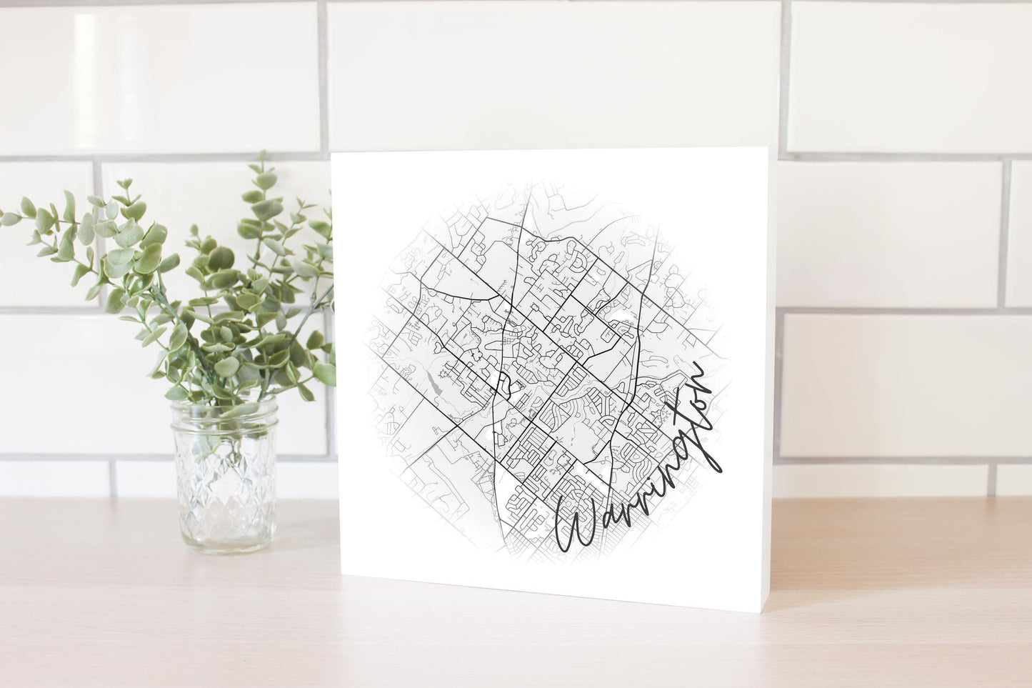 Minimalistic B&W Pennsylvania Warrington Circle Map | Wood Block | Eaches | Min 2