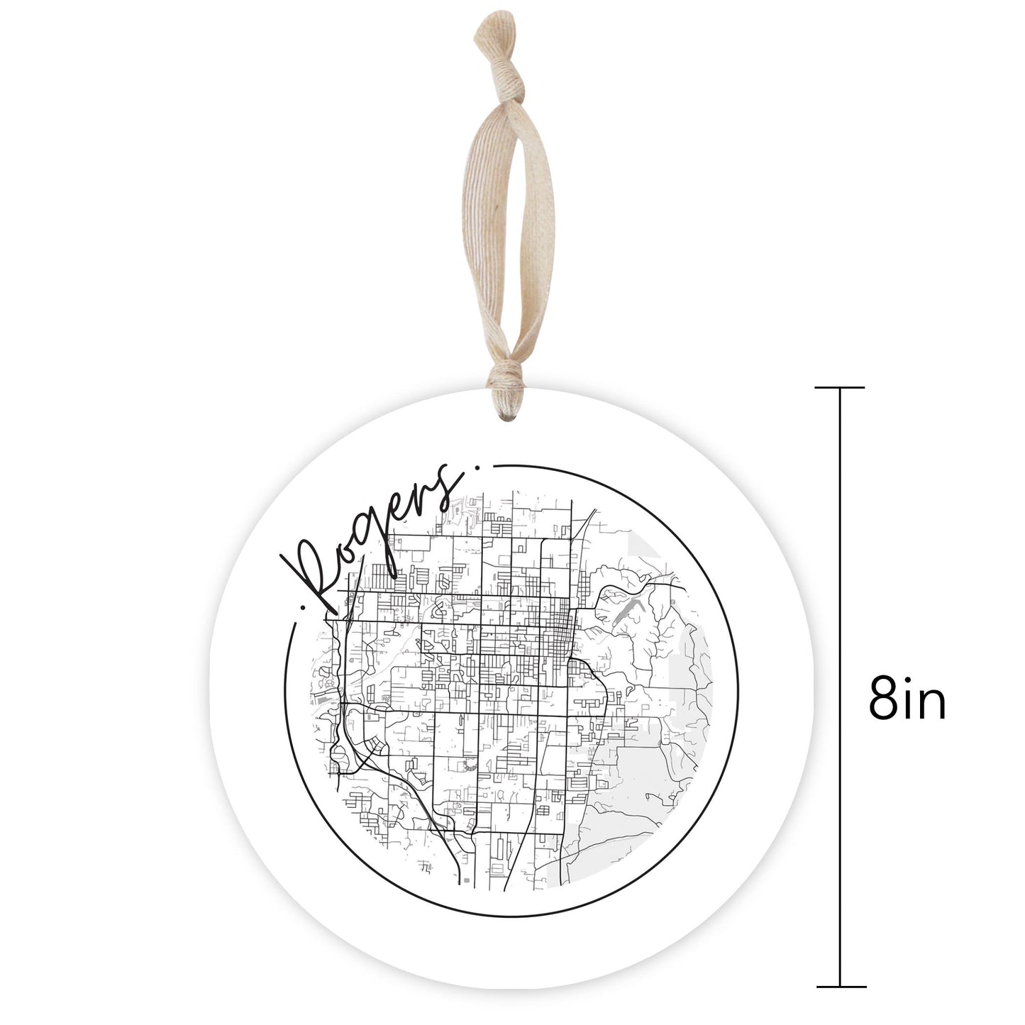 Minimalist B&W Arkansas Rogers Circle Map | Wood Ornament | Eaches | Min 1