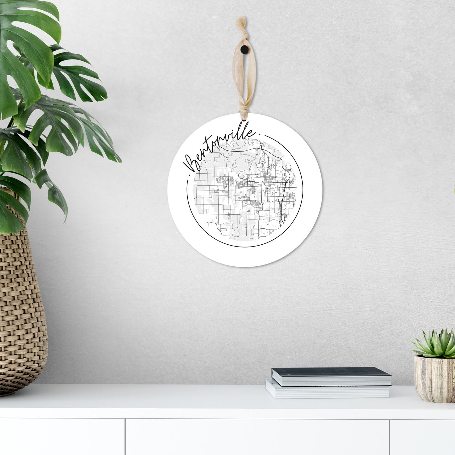 Minimalist B&W Arkansas Bentonville Circle Map | Wood Ornament | Eaches | Min 1