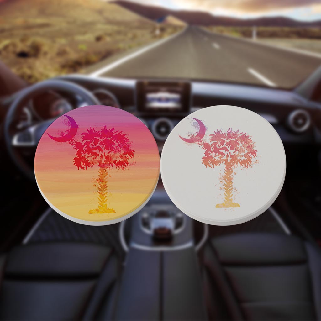 South Carolina Water Color Palm Trees Pink| Absorbent Car Coasters | Set of 2 | Min 4
