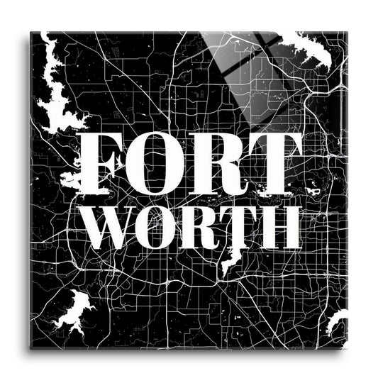 Minimalistic B&W Texas Fort Worth Map | Hi-Def Glass Art | Eaches | Min 1