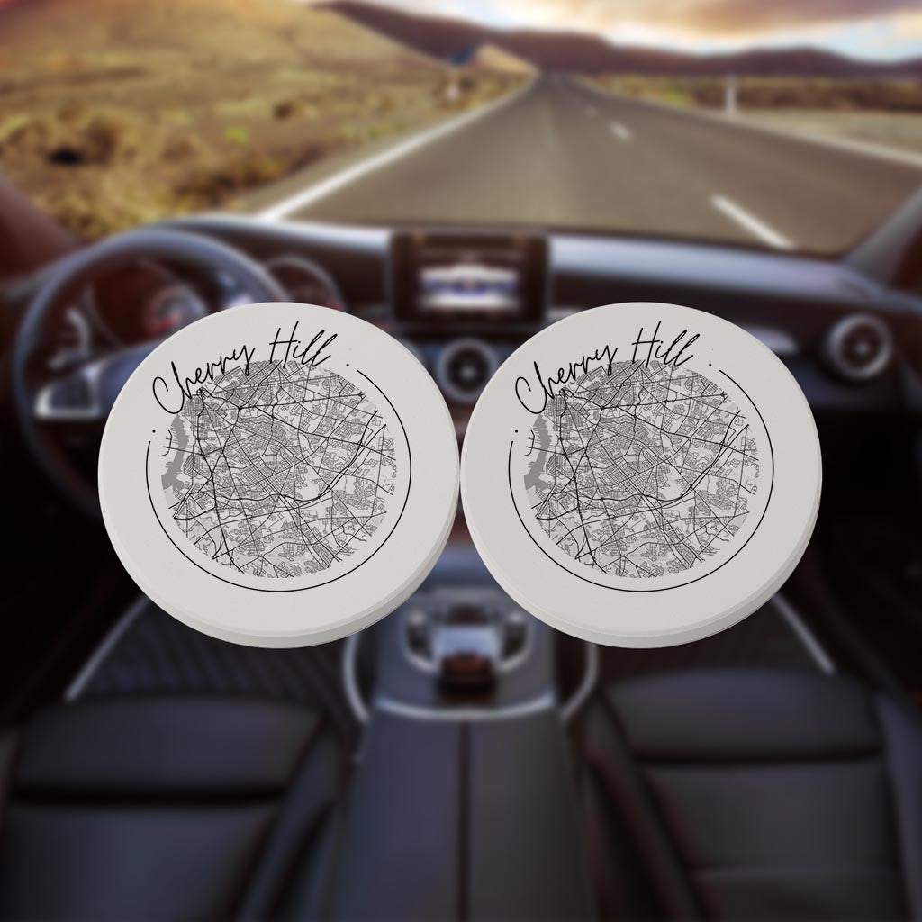 Minimalistic B&W New Jersey Cherry Hill Circle Map | Absorbent Car Coasters | Set of 2 | Min 4