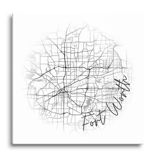 Minimalistic B&W Texas Fort Worth Circle Map | Hi-Def Glass Art | Eaches | Min 1