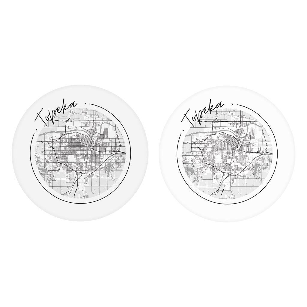 Minimalist B&W Kansas Topeka Circle Map| Absorbent Car Coasters | Set of 2 | Min 4