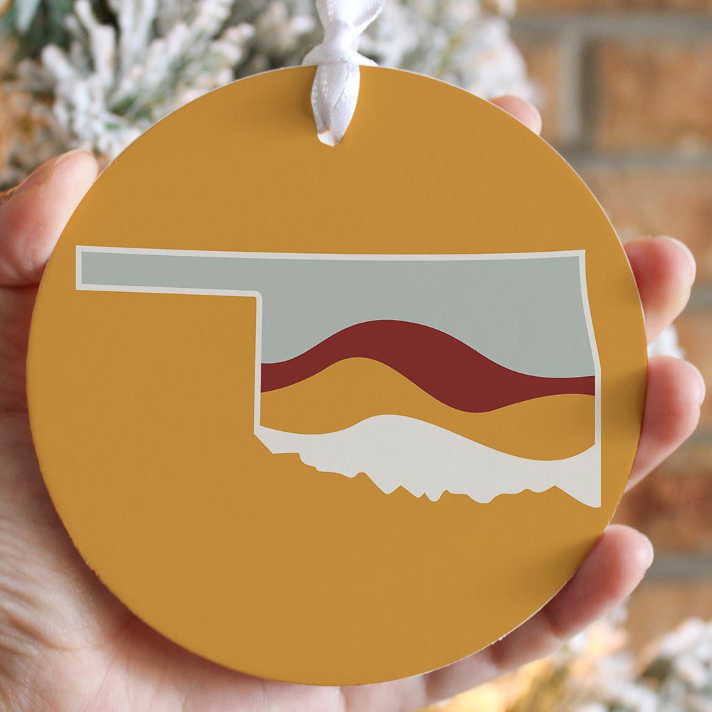 Modern Minimalist Oklahoma Orange Retro State Shape With Hills| Wood Ornament | Eaches | Min 6