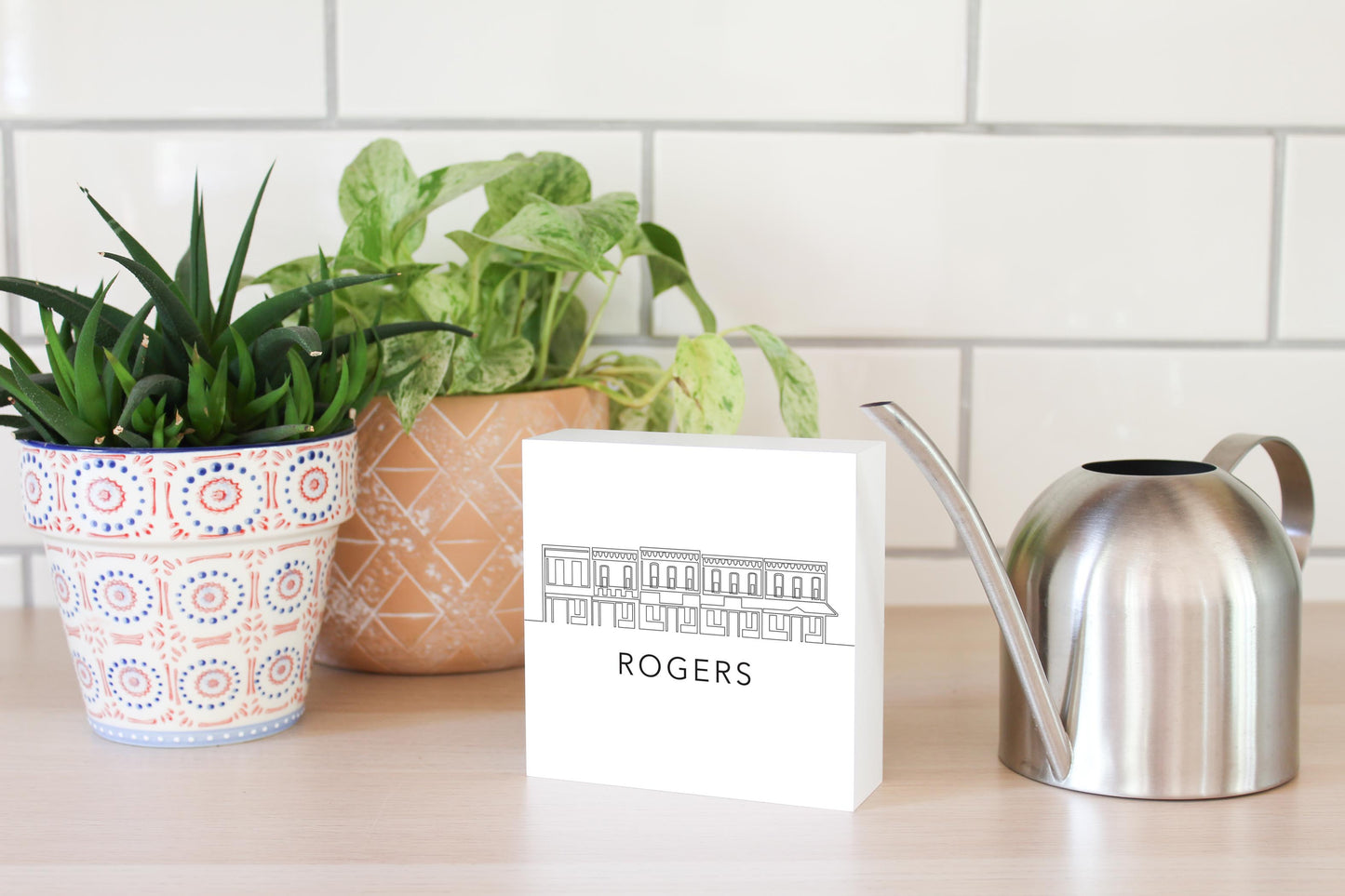 Minimalist B&W Arkansas Rogers Skyline | Wood Block | Eaches | Min 4