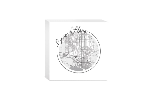 Minimalist B&W Idaho Coeur Dalene Circle Map | Wood Block | Eaches | Min 4