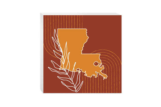 Modern Minimalist Louisiana State Shape With Leaf | Wood Block | Eaches | Min 2