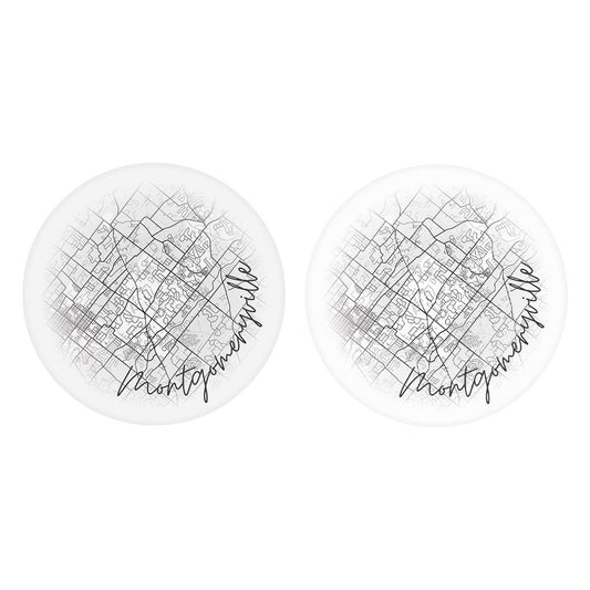 Minimalistic B&W Pennsylvania Montgomeryville Circle Map | Absorbent Car Coasters | Set of 2 | Min 4