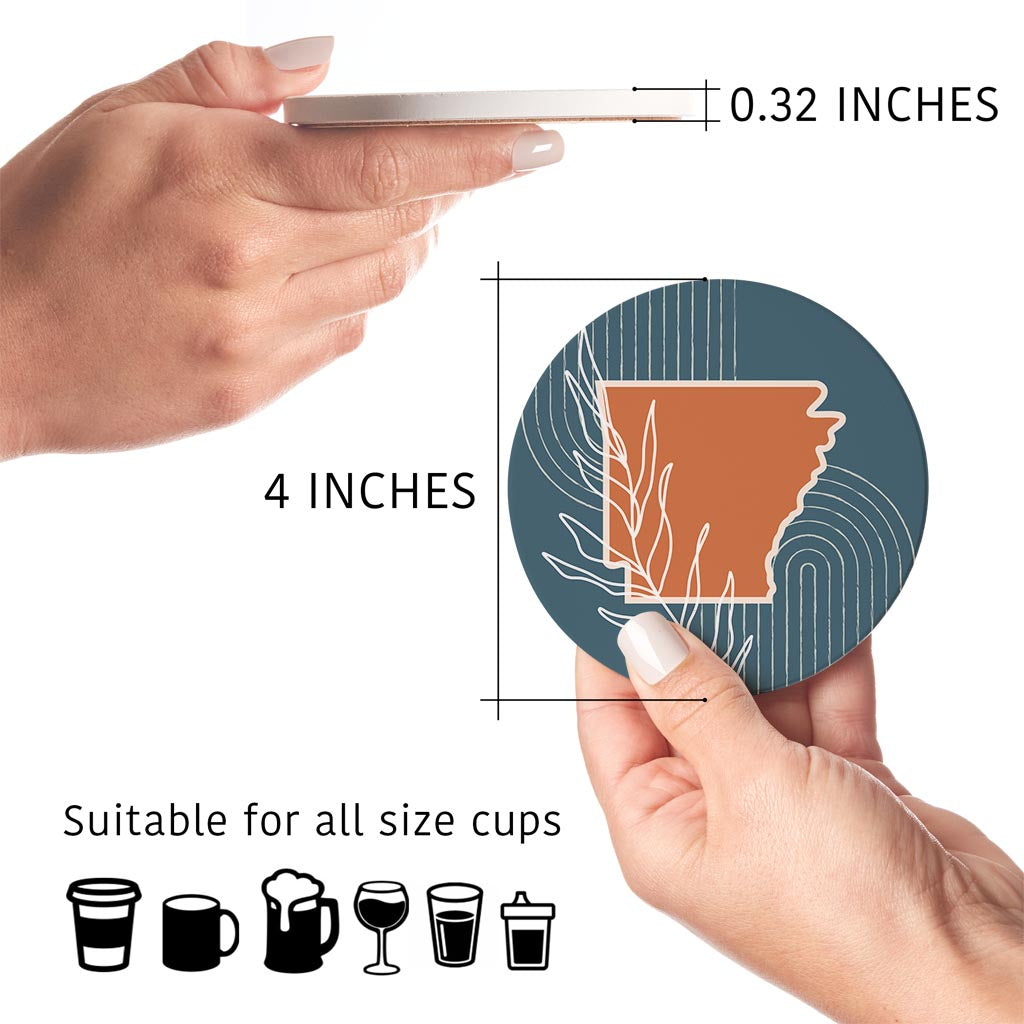 Modern Minimalist Arkansas State Shape With Leaf | Absorbent Coasters | Set of 4 | Min 2